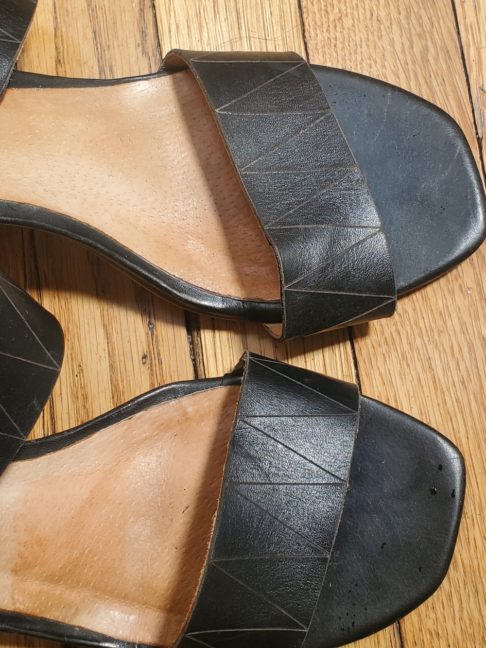 Black Leather Strap Block Heel Sandals with Yellow Wood-Tone Heel - Picture 7 of 7